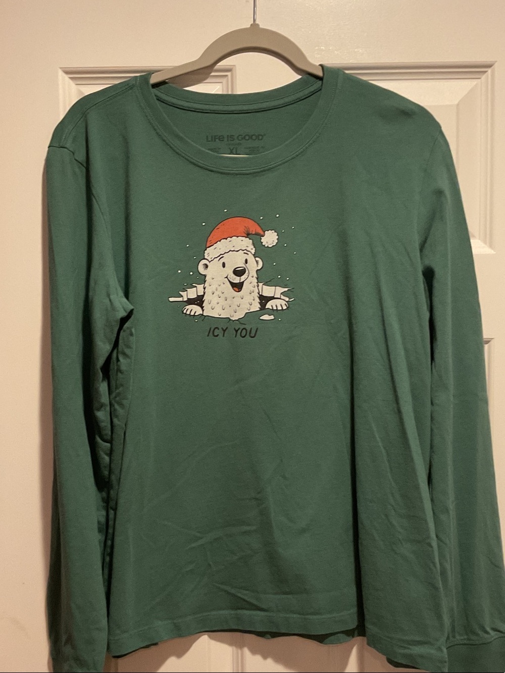Life Is Good  Green Long Sleeve Tee with Polar Bear Holiday Graphic